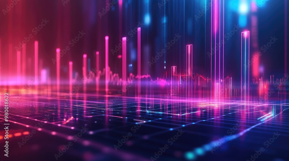 Poster futuristic abstract background with glowing bar charts and data lines on a digital grid.