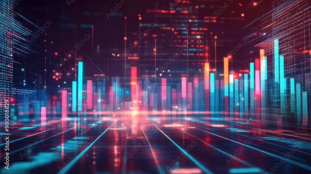 Poster futuristic abstract background with glowing bar charts and data lines on a digital grid.