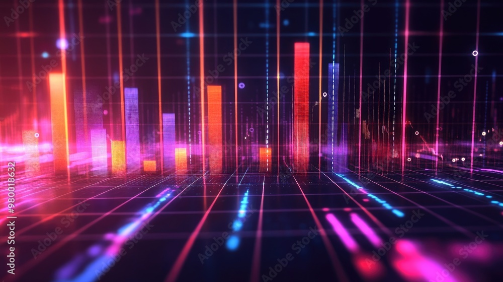 Poster futuristic abstract background with glowing bar charts and data lines on a digital grid.