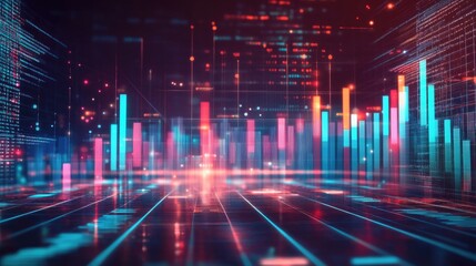 Futuristic abstract background with glowing bar charts and data lines on a digital grid.