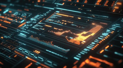 Fototapeta premium Futuristic financial data charts and graphs on a digital screen, glowing in a dark background.