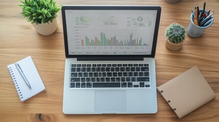 Laptop on a wooden desk with financial graphs and charts, office supplies arranged neatly.
