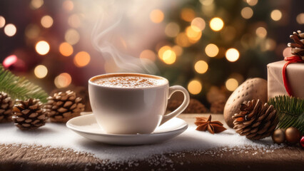 Cup of hot coffee on Christmas background. Concept of holiday and happy New Year atmosphere