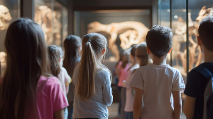 Obraz premium Children on a field trip visiting a museum listening to a guide explain exhibits.