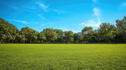 Open grassy field in a city park with a row of trees in the background and bright blue sky