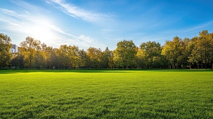 Open grassy field in a city park with a row of trees in the background and bright blue sky
