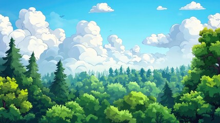Obraz premium Cartoon background for game and animation Green forest with blue sky and clouds Landscape