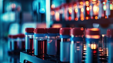   Row of Red & Blue Medicine Bottles Wall of Bottles & Lights Background