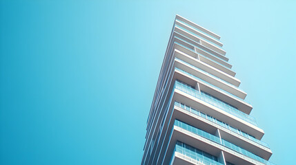 A single skyscraper against a clear blue sky.


