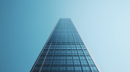 A single skyscraper against a clear blue sky.


