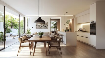 Fototapeta premium An open-plan kitchen and dining area with contemporary furnishings and a clean, airy design