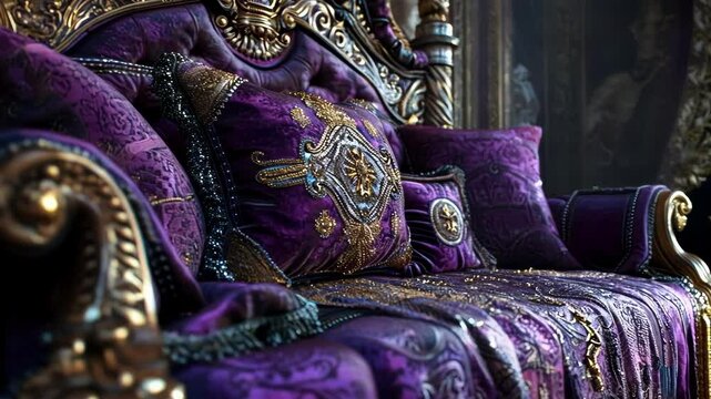 Luxurious purple and gold sofa with ornate pillows in a baroque style room, showcasing the opulence and grandeur of a bygone era