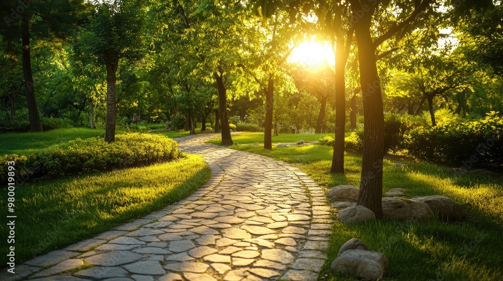 Poster sunlight filtering through the trees in a peaceful park with a winding stone pathway.
