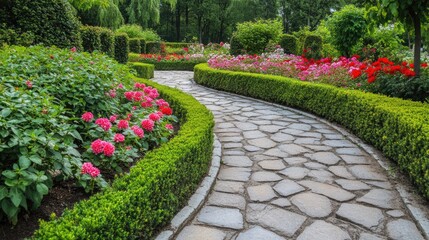 Stone walkway winding through a park garden with blooming flowers and trimmed hedges.