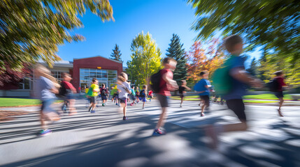 Obraz premium Children running toward the school entrance on the first day of school.