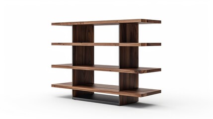 modern, open-shelved bookshelf made of dark wood and metal