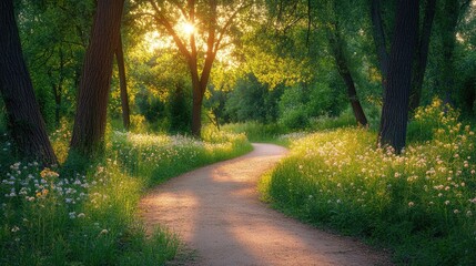 Fototapeta premium Winding park path surrounded by tall green trees, wildflowers, and sunlight filtering through-96ff9bcfe2ba