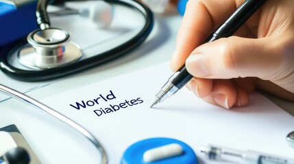 World Diabetes Day document with medical instruments on a white surface. Emphasis on healthcare, stethoscope, pills, and writing. Concept: Awareness and education in healthcare. AI