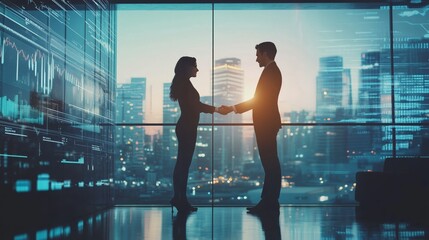 Two professionals shake hands in a modern office, embodying collaboration and success.