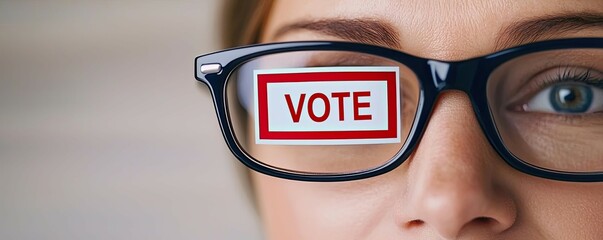 Close-up portrait of a person wearing glasses with a focused 'Vote' sticker, emphasizing the importance of civic engagement.
