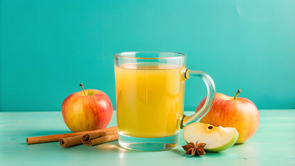 Hot Apple Cinnamon Cider in Glass Mug with Fresh Apples on Turquoise Background