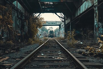 Obraz premium Train tracks in a dark abandoned tunnel, with a train in the distance. Conceptual image of travel, journey, and the unknown