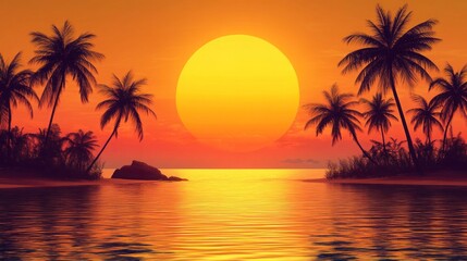 Tropical sunset with palm trees and sea on orange background