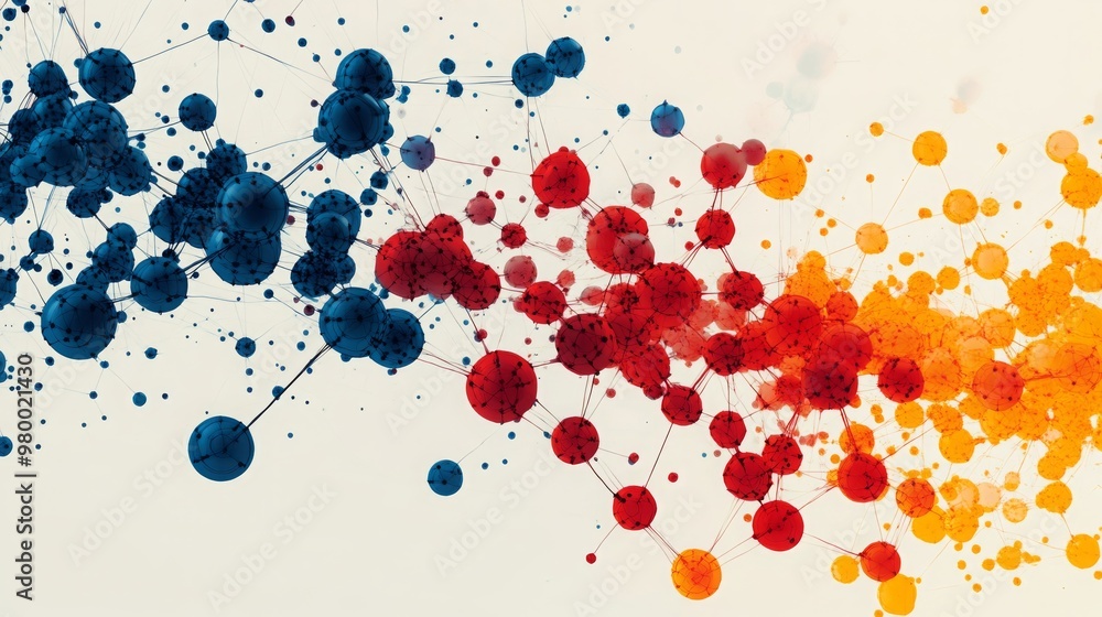 Poster Vivid colors of blue, red, and orange clusters float across a neutral backdrop, creating an abstract representation of molecular structures in motion, suggesting energy and interaction.