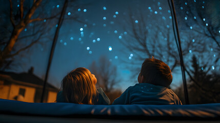 Two children lying on a trampoline in the backyard looking up at the stars in the night sky.