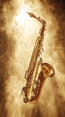 Naklejka premium A saxophone is suspended in the air, surrounded by smoke