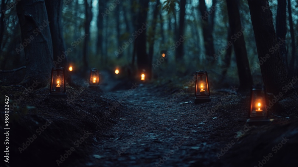 Poster A narrow path winds through a dark forest, softly lit by glowing lanterns, creating an enchanting atmosphere during twilight. The flickering lights enhance the peaceful ambiance of the surroundings.