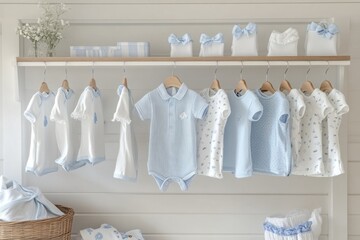 Baby hung on pastel colored hanger, baby girl in light blue and white for newborn hanging on a rack with baby dress  "ai generated"