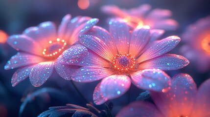   Close-up of flowers with water droplets on petals, glowing in sunlight