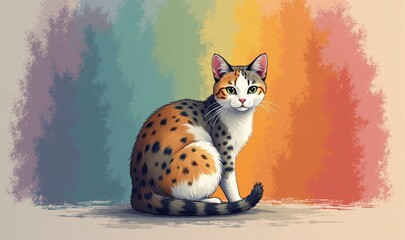 Obraz premium Vibrant and playful illustration of a calico cat set against a colorful background, perfect for pet-related brands, children's products, or art showcases.