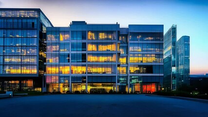 Modern glass office building at dusk with illuminated windows contemporary architecture urban corporate headquarters
