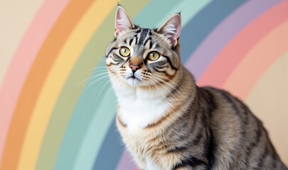 A charming tabby cat poses gracefully in front of a vibrant rainbow backdrop, perfect for pet-related content or joyful marketing campaigns.