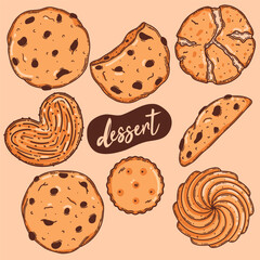 Oat cookies with chocolate chip, puff sugar pastry, shortbread confectionery collection. Hand drawn vector sweet pastry illustration