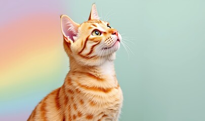 Adorable orange tabby cat gazing upwards against a colorful background. Perfect for pet-related content, advertisements, and animal care promotions.