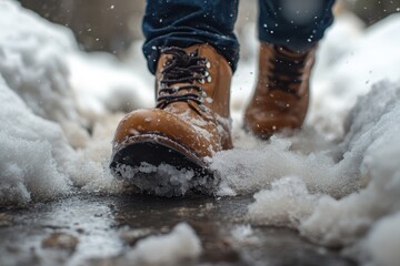 A booted man traverses slushy snow