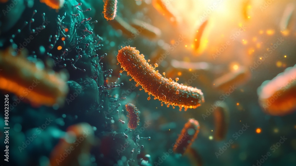 Poster exploring a microscopic world, colorful bacteria float in a dynamic environment enhanced by warm, gl