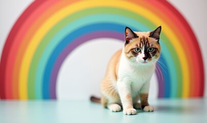 A charming cat sits in front of a vibrant rainbow backdrop, perfect for pet-related marketing, children's products, or cheerful home decor.