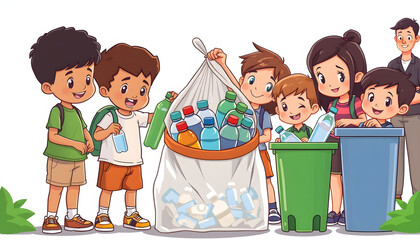 Children and adults collecting plastic bottles in a waste bag and bins isolated with white highlights, png