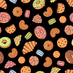 Vector backery and confectionery seamless pattern template. Hand drawn donuts, cupcakes, macarons, croissant cookies and other sweets