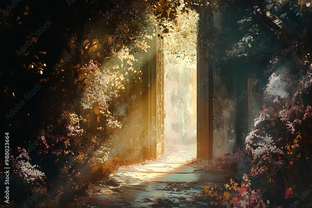Poster mystical forest path leading to a light with stone pathway and trees on both sides