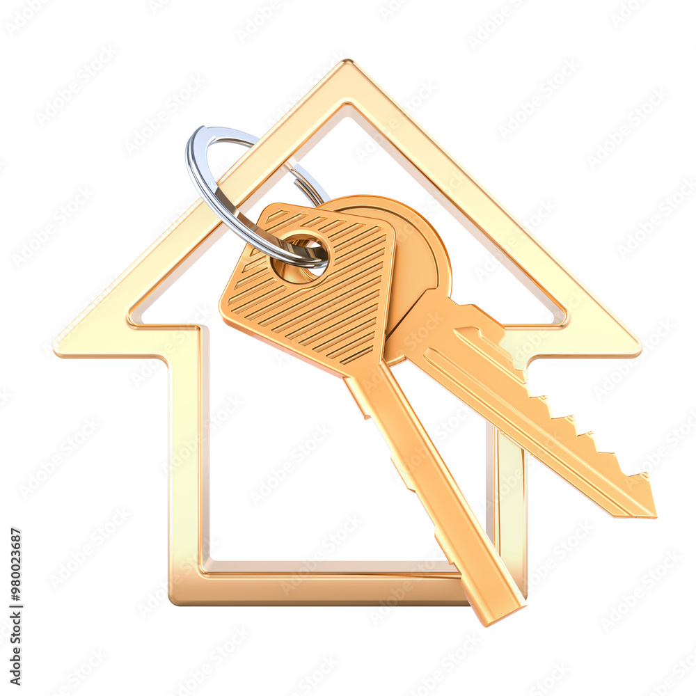 Aufkleber golden home keys with house shaped keychain, 3d rendering isolated on transparent background