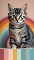 Adorable striped kitten against a colorful rainbow backdrop, perfect for pet-related designs, marketing, or playful themes in various creative projects.