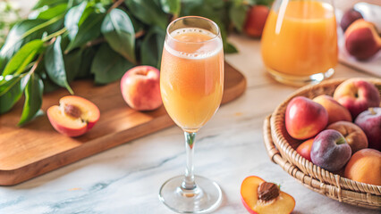 Fresh Peach Juice in Glass with Whole Peaches on Marble Background