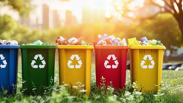 Colorful recycling bins filled with waste in a park ecofriendly waste management sustainable environment city background