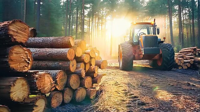 Logging operation in forest with stacked timber logs heavy machinery harvesting wood sustainable forestry industry sunrise