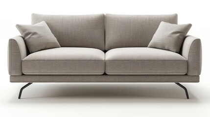 modern, minimalist sofa with clean lines and light gray fabric upholstery